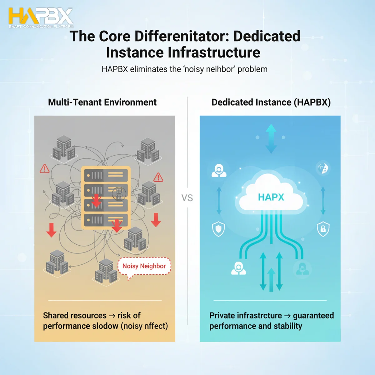 Don't let the "noisy neighbor" slow you down. HAPBX uses a Dedicated Instance for your Call Center PBX—guaranteeing performance and crystal-clear call quality, always.