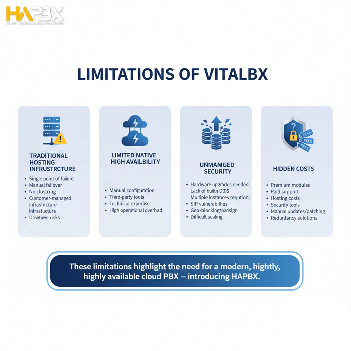 Moving beyond single-server risk. VitalPBX demands manual HA; HAPBX delivers built-in, global failover