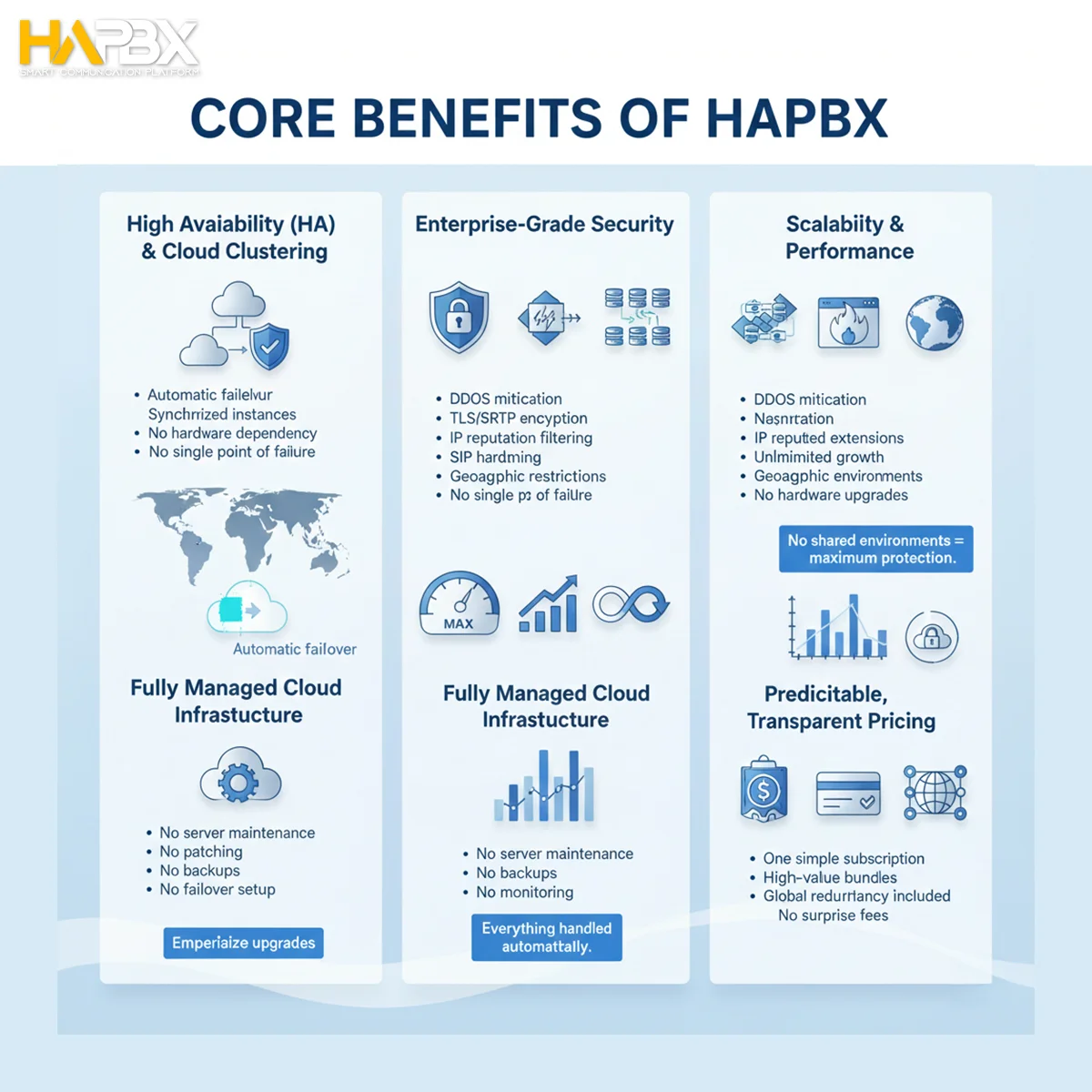 Tired of hardware limitations? VitalPBX scales slowly. HAPBX offers unlimited, instant cloud scalability for your growth.