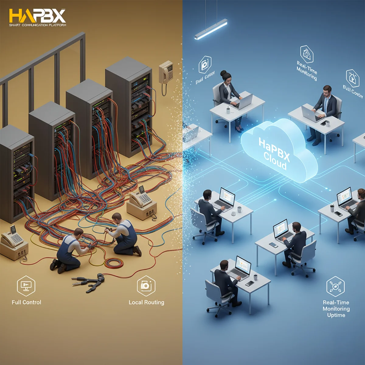 Inside an analog PBX phone system with copper line connections.