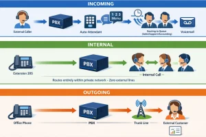 PBX system diagram illustrating incoming, internal, and outgoing call routing workflows