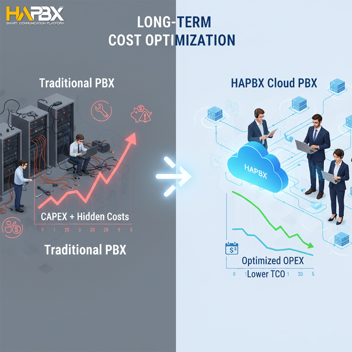 Visualizing the cost difference between hardware-heavy Analog PBX and the OPEX model of a Cloud PBX.